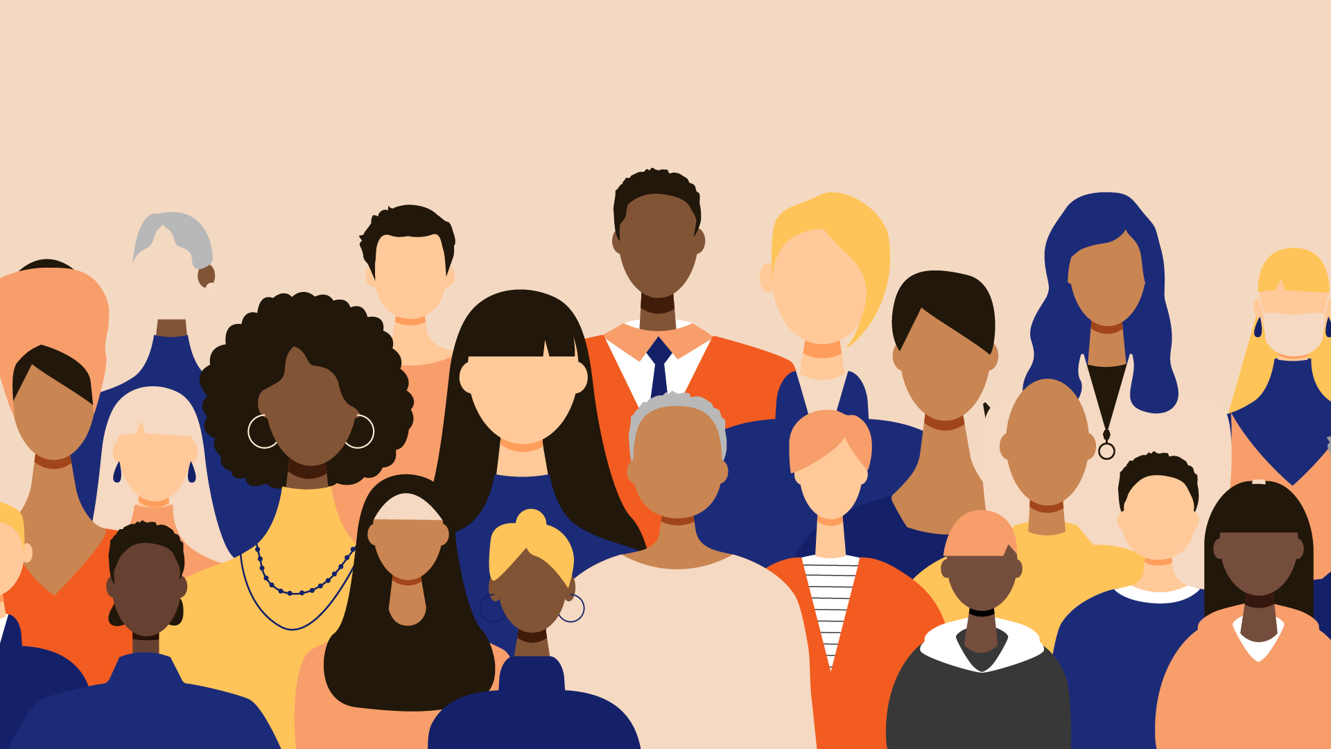 Illustration of diverse mix of people in front of coral coloured background